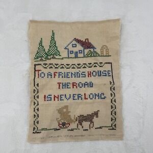 VTG Linen Sampler Cross Stitch Unframed 12x9 Road is Never Long 30s 40s Look